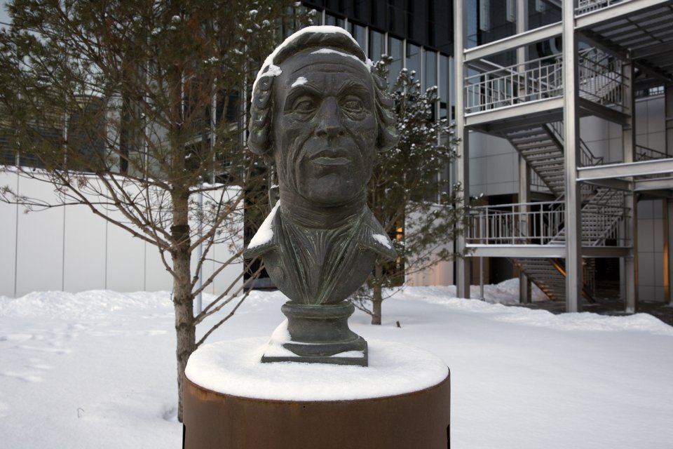 A bust of Vitus Bering, a 18-century officer of the Russian Navy of Danish origin, a cartographer and explorer of Northeastern Siberia and Alaska, Skolkovo, Russia, January 2018