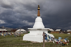 A Buddhist stupa in Kaa-Khem, a suburb of Kyzyl. After Tuva has formally joined the Soviet Union in 1944, all monks were arrested and temples completely destroyed to help Communist ideology take hold instead. After the breakup of the Soviet Union, Buddhism has seen a controversial revival in Tuva, marred by expulsions of popular foreign preachers and tight control on the part of the government.