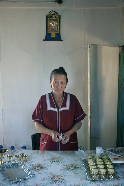 Iraida Baldyr, a retied nursery teacher, now serving as housekeeper at Buddhist sanctuary Sunrap Gyatsoling in Erzin near the Mongolian border
