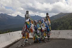 An ovaa - a traditional sanctuary made of Buddhist prayer ribbons and blessing scarves - at Buibinsky Pass on the scenic M-54 - basically the only road that connects Tuva with the rest of Russia. The Yergak-Targak-Taiga ridge visible in the background forms Tuva's natural boundary.