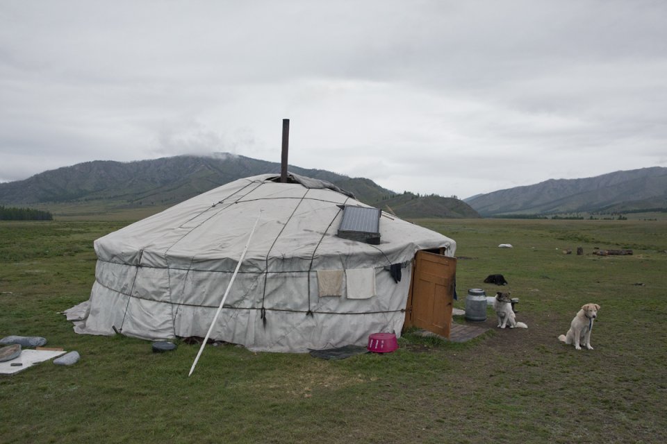 A yurt owned by Bandan family in the remote and hard-to-get Kachyk area in southeastern Tuva; a solar panel is visible on the roof.
