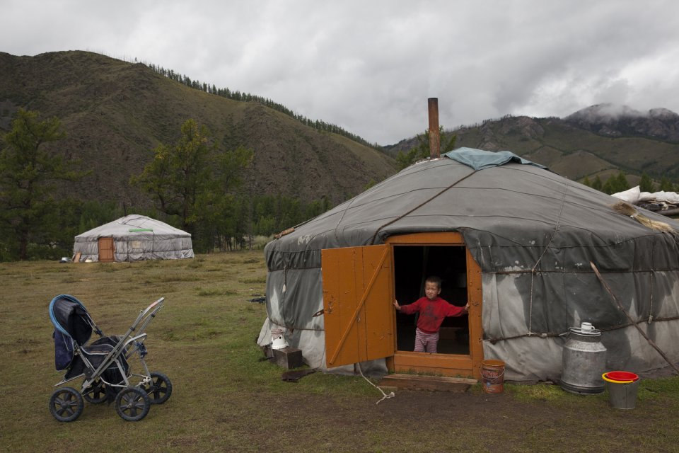 There are often two yurts at a nomadic station, meaning there are two generations of one family living one next to the other. Kachyk river valley, southeastern Tuva.