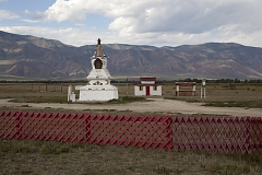 Buddhist sanctuary Dupten Sheduplin near Sug-Aksi in western Tuva, with Alash Plateau visible in the background. After Tuva has formally joined the Soviet Union in 1944, all monks were arrested and temples completely destroyed to help Communist ideology take hold instead. After the breakup of the Soviet Union, Buddhism has seen a controversial revival in Tuva, marred by expulsion of popular foreign preachers and tight control on the part of the government.