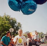 A supporter of Pussy Riot with balloons, July 30, 2012