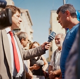 Opposition politician Boris Nemtsov being interviewed by WDR near the court where the Pussy Riot case is being heard, July 30, 2012